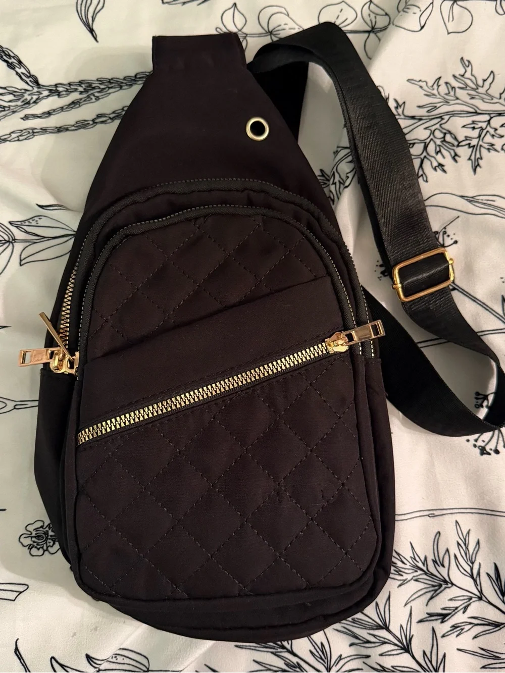 Amazon Black Quilted Crossbody Sling Bag with Gold Zippers